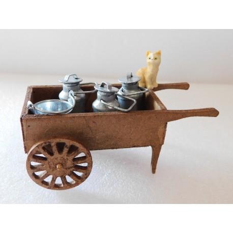 Chariot pots au lait et chaton 10cm de long